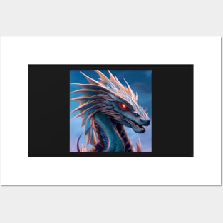 Pink and Blue Dragon with Burning Red Eyes Posters and Art